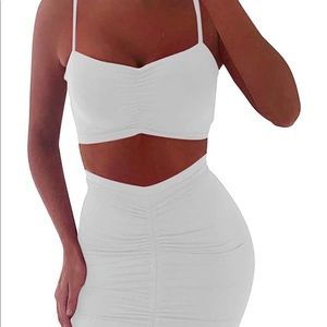 White bodycon crop top & drawstring skirt